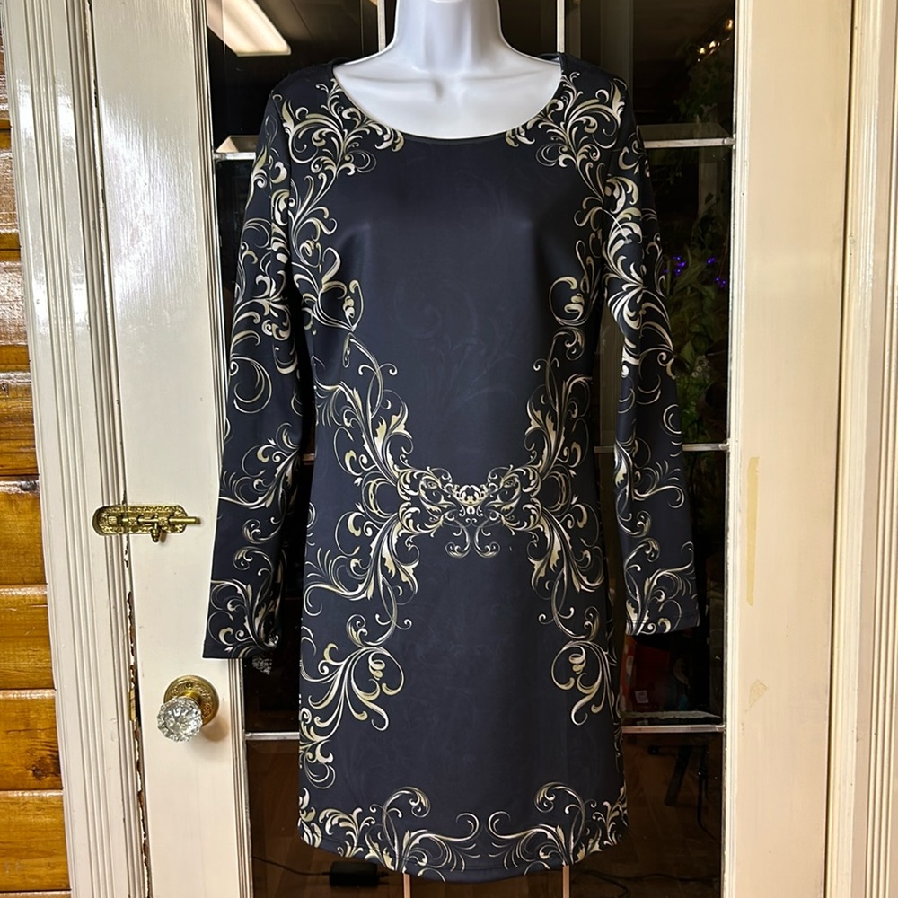 NWT Romeo & Juliet Couture Longsleeve Black Gold Print Charcoal Dress S